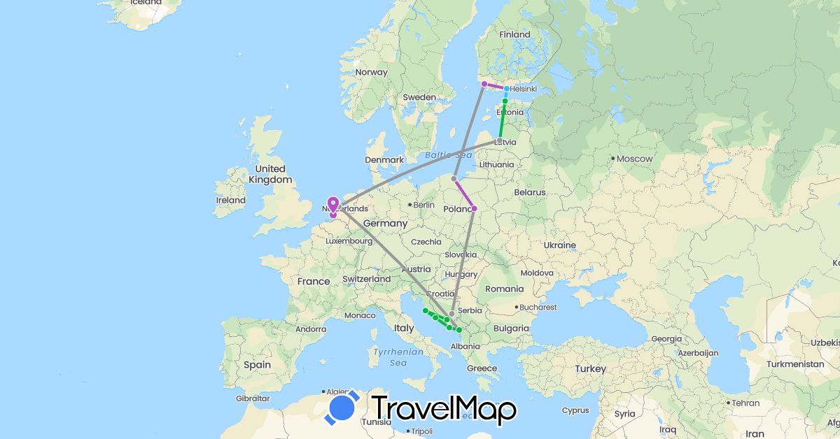 TravelMap itinerary: driving, bus, plane, train, boat in Bosnia and Herzegovina, Estonia, Finland, Croatia, Latvia, Montenegro, Netherlands, Poland (Europe)